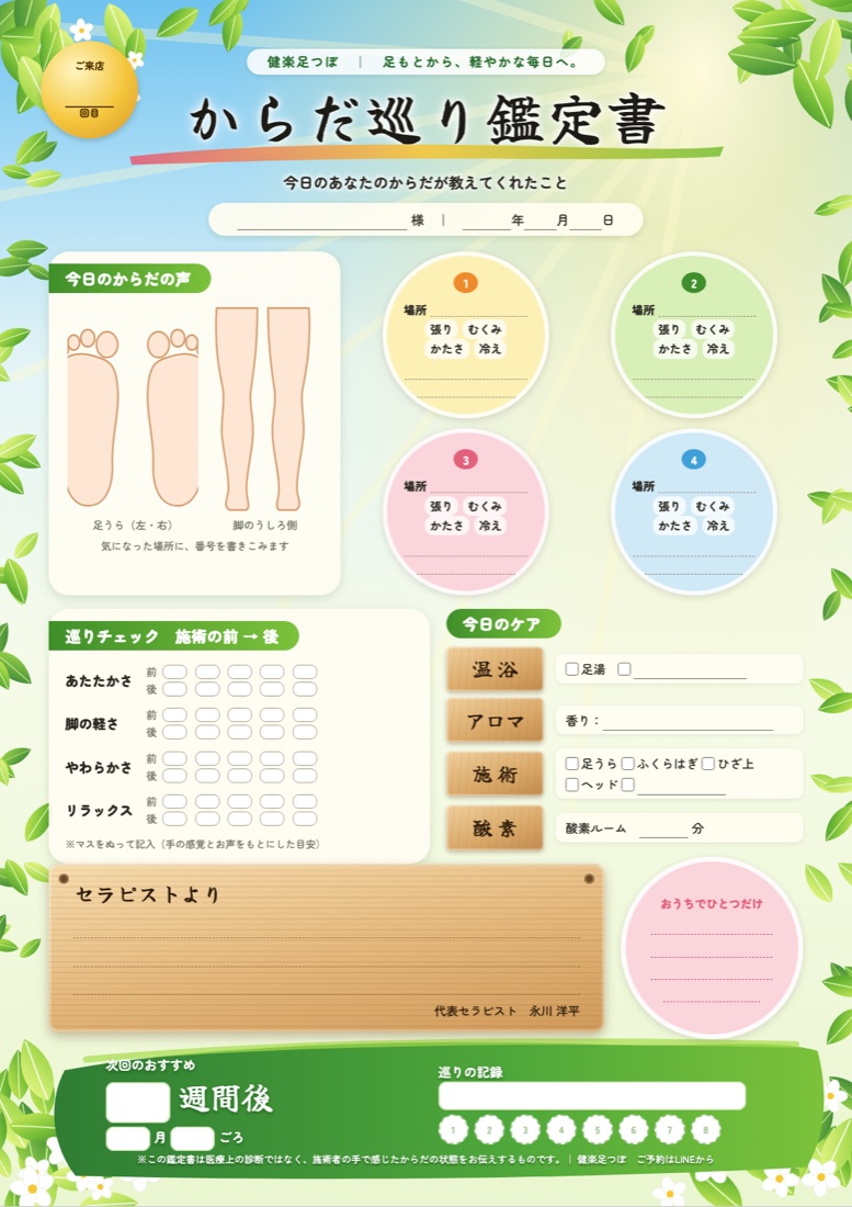 手書き用の記入用紙。図に番号を書き、状態を丸で囲み、マスをぬるだけで書ける